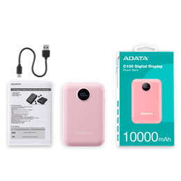 ADATA C100 power bank 10000mah (rózsaszín, digitális kijelző)