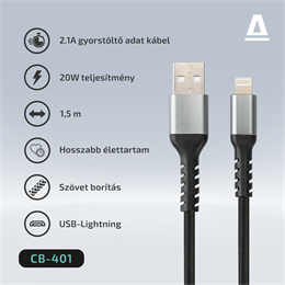 AVAX adat- és töltőkábel (USB-A / Lightning, 3A, 1,5 m, acélszürke)