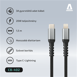 Avax USB-C - Lightning töltőkábel (C dugó / Lightning, 1,5 m, 27W, acélszürke)