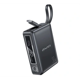 Awei P87K vésztöltő usb+type-c aljzat (10000mah, 30w, PD gyorstöltő, fix type-c kábel, fekete)