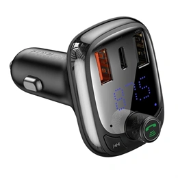 Baseus Bluetooth FM transmitter autós töltő (2 USB, Type-C aljzat, 36W, PD gyorstöltés 4.0, microSD kártyaolvasó, fekete
