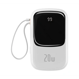 Baseus Qpow vésztöltő USB+Type-C+Lightning aljzat (20000mAh, 20W, PD gyorstöltő, LED kijelző, lightning kábel, fehér)