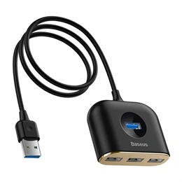 Baseus Square Round 4in1 USB Type-A HUB (1×USB 3.0, 3×USB 2.0, Micro USB 5 V tápcsatlakozó, 1 m, fekete)