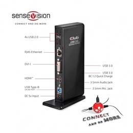 Club3D CSV-3242HD USB Gen1 dupla kijelzős dokkoló (HDMI, DVI-I, 4×USB2.0, 2×USB Gen1 Type-A, USB Type-B bemenet, RJ45 Gi
