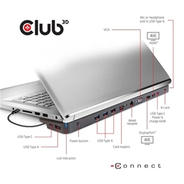 Club3D USB Type-C dokkoló (3× USB-C 3.2 Gen1, 4× USB-A, HDMI, DisplayPort, VGA, microSD/SD, Gigabit LAN, 3,5 mm jack, PD