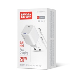 ColorWay AC töltő GaN Mini 25W (PD, PPS, USB-C, Type-C kábel, CW-CHS052PDC-WT, fehér)