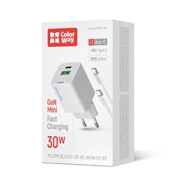 ColorWay AC töltő GaN Mini 30W (Type-C PD + USB A, PD 3.0, PPS, QC4.0, Type-C kábel, CW-CHS053PDC-WT, fehér)