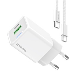 ColorWay AC töltő GaN Mini 30W (Type-C PD + USB A, PD 3.0, PPS, QC4.0, Type-C kábel, CW-CHS053PDC-WT, fehér)