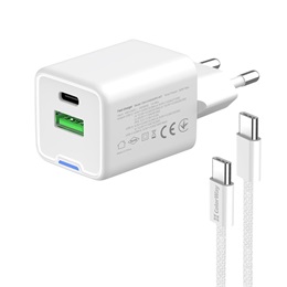 ColorWay AC töltő GaN Mini 30W (Type-C PD + USB A, PD 3.0, PPS, QC4.0, Type-C kábel, CW-CHS053PDC-WT, fehér)