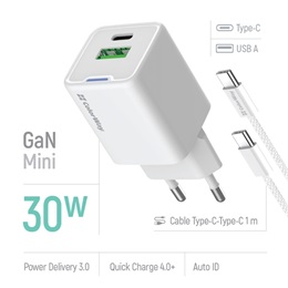 ColorWay AC töltő GaN Mini 30W (Type-C PD + USB A, PD 3.0, PPS, QC4.0, Type-C kábel, CW-CHS053PDC-WT, fehér)