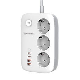 ColorWay CW-CHE34PDW túlfeszültségvédő elosztó (kapcsolóval, 3 aljzat, 4 USB: 2 USB-A, 2 USB-C, 2 m, 65W, fekete)