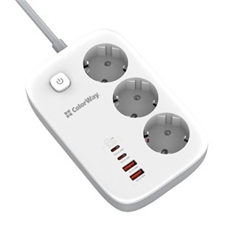 ColorWay CW-CHE34PDW túlfeszültségvédő elosztó (kapcsolóval, 3 aljzat, 4 USB: 2 USB-A, 2 USB-C, 2 m, 65W, fekete)
