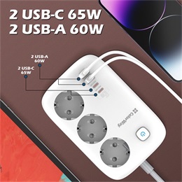 ColorWay CW-CHE34PDW túlfeszültségvédő elosztó (kapcsolóval, 3 aljzat, 4 USB: 2 USB-A, 2 USB-C, 2 m, 65W, fekete)