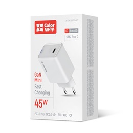 ColorWay GaN Mini AC töltő (45W, PD, PPS, 1x USB-C, fehér)