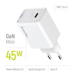 ColorWay GaN Mini AC töltő (45W, PD, PPS, 1x USB-C, fehér)
