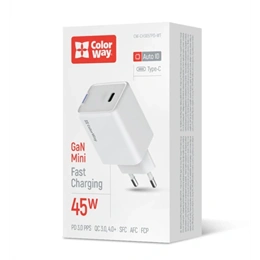 ColorWay GaN Mini AC töltő (45W, PD, PPS, 1x USB-C, fehér)
