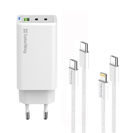 ColorWay GaN Mini AC töltő 65W (2x USB-C, 1x USB-A, PD/PPS, Type-C és Lightning kábel, fehér)