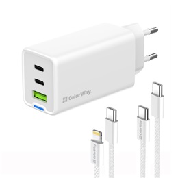 ColorWay GaN Mini AC töltő 65W (2x USB-C, 1x USB-A, PD/PPS, Type-C és Lightning kábel, fehér)
