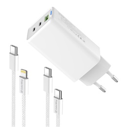 ColorWay GaN Mini AC töltő 65W (2x USB-C, 1x USB-A, PD/PPS, Type-C és Lightning kábel, fehér)