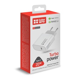 ColorWay USB-C PD töltő 20W (1x USB-C, PD 3.0, 5V/3A, 9V/2.25A, 12V/1.67A, fekete, CW-CHS026PD-BK)