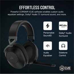 Corsair HS65 Surround vezetékes mikrofonos fejhallgató (Dolby Audio, jack 3,5mm/USB, 50mm, 1,8m kábel, fekete)