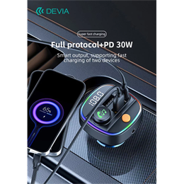 Devia C4S FM-transmitter/autós gyorstöltő 30W (Bluetooth 5.3, PD 30W, QC 18W, 2xUSB, AUX, MP3, fekete)