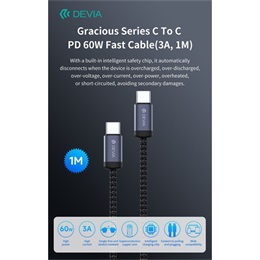 Devia Gracious Series adat- és töltőkábel (C dugó / C dugó, PD 60W, 1 m, fekete)