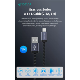 Devia Gracious v2 adat- és töltőkábel (USB / Lightning dugó, 12W, 1 m, fekete)