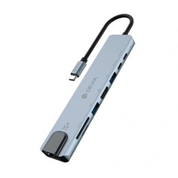 Devia Pro1 Type-C hub 8in1 (elosztó, 2 USB, 2 Type-C, HDMI, RJ45, SD/microSD kártyaolvasó, 100W, PD gyorstöltő, szürke)