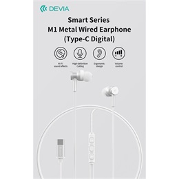 Devia Smart Series M1 Metal in-ear sztereó fülhallgató (USB-C, mikrofon, 10 mm hangszóró, 120 cm kábel, ezüst)