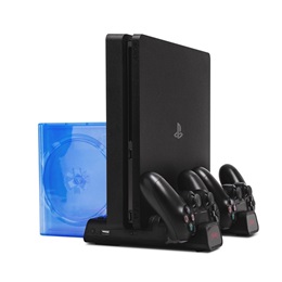 Froggiex PS4 konzol hűtő és töltőállomás (PS4/PS4 Slim/PS4 Pro kompatibilis, 2 kontroller töltésére, USB 5V/2A táp, 10 l