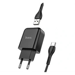 Hoco N2 Vigour hálózati töltő (10W, QC gyorstöltés, USB aljzat, Type-C kábel, fekete)