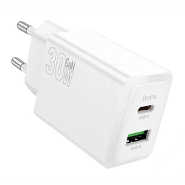 Hoco N71 hálózati töltő USB+Type-C aljzat (30W, GaN, PD gyorstöltő 3.0, fehér)