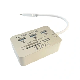 LC Power LC-HUB-C-CR USB hub (3x USB 3.2 Gen1 Type-A, Type-C csatlakozó, beépített kártyaolvasó, 12,5 cm kábel, ezüst/fe