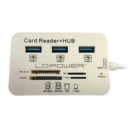 LC Power LC-HUB-C-CR USB hub (3x USB 3.2 Gen1 Type-A, Type-C csatlakozó, beépített kártyaolvasó, 12,5 cm kábel, ezüst/fe