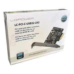 LC Power LC-PCI-C-USB32-2X2 PCIe adapter kártya (USB 3.2 Gen 2x2, USB-C, PCIe x4, külső NVMe M.2, LED, 20 Gb/s, fekete)