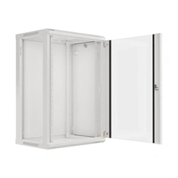 Lanberg rackszekrény (19", 18U, fali, 600x450 mm, lapraszerelt, edzett üveg ajtó, szürke)