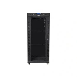 Lanberg szabadon álló rackszekrény (19", 27U, 600x800 mm, üvegajtó, lapraszerelt, LCD kijelző, fekete)