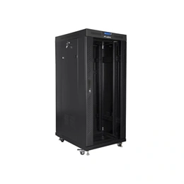 Lanberg szabadon álló rackszekrény (19", 27U, 600x800 mm, üvegajtó, lapraszerelt, LCD kijelző, fekete)