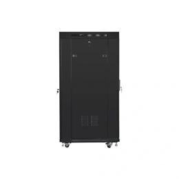 Lanberg szabadon álló rackszekrény (19", 27U, 600x800 mm, üvegajtó, lapraszerelt, LCD kijelző, fekete)