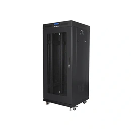 Lanberg szabadon álló rackszekrény 27U (19", 600x600 mm, perforált ajtó, lapraszerelt, LCD kijelző, fekete)