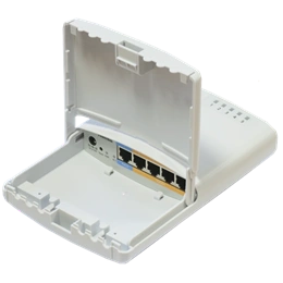 MikroTik PowerBox RB750P-PBr2 router (5x 10/100, 4x passzív PoE kimenet, PoE-in, DC jack, kültéri, fehér)