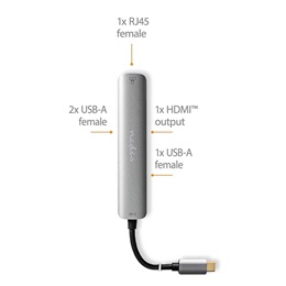Nedis 5 az 1-ben USB-C kábel 20 cm (USB-C dugó / 3x USB-A anya, HDMI, RJ45, 5 Gbps, antracit)