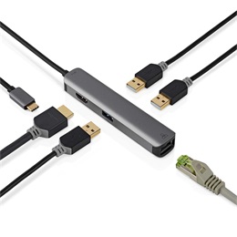 Nedis 5 az 1-ben USB-C kábel 20 cm (USB-C dugó / 3x USB-A anya, HDMI, RJ45, 5 Gbps, antracit)