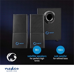 Nedis GSPR10021BK aktív gamer hangszóró 2.1 (USB tápellátás, 3,5 mm jack, 30 W, hangerőszabályozó, fekete)