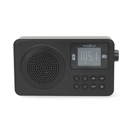 Nedis RDFM2225BK bluetooth hordozható FM rádió (v5.3, 1900mAh belső akku, max. 10 óra, 1 W, USB-C, 3,5 mm, fekete)