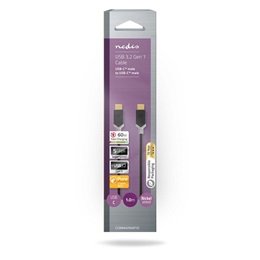 Nedis USB-C adat- és töltőkábel (C dugó / C dugó, 60W, 1 m, 4K@60Hz, 5 Gbps, antracit)