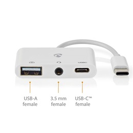 Nedis USB-C multiport kábel (USB-C dugó / USB-A anya / 3,5 mm-es anya, 0,1 m, USB 2.0, fehér)