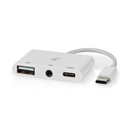 Nedis USB-C multiport kábel (USB-C dugó / USB-A anya / 3,5 mm-es anya, 0,1 m, USB 2.0, fehér)