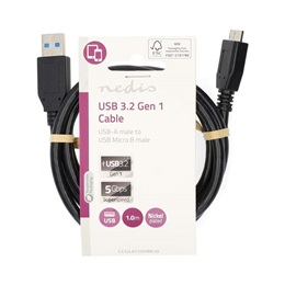 Nedis USB 3.2 - micro-B kábel (USB-A dugó / micro-B dugó, 5 Gbps, 1 m, fekete)